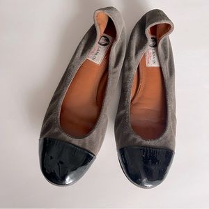 Lanvin Paris Cap Toe Ballet Flats Brown Gray Suede Black Patent Leather 7 EUC